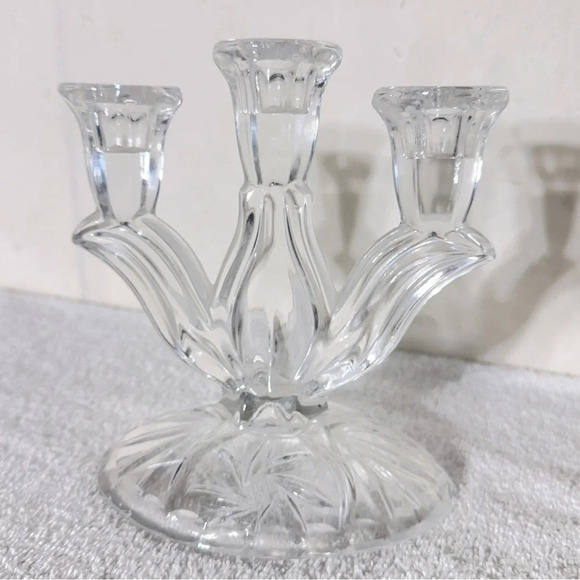 Vintage  Cut Crystal Pinwheel Star Pattern 3 Arm Candle Holder Candelabra - Picture 2 of 15